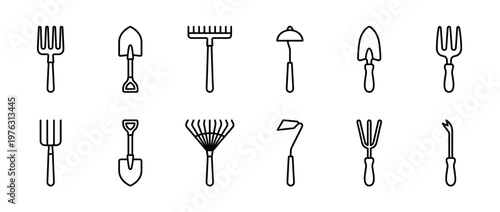 Gardening tools set with various outline icons including forks, shovels, rakes, and hoes for horticulture and agriculture.