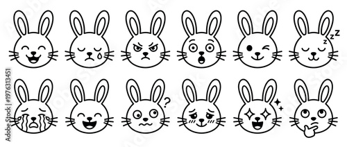 Adorable bunny emoji faces showing a wide range of expressions from joy and sleepiness to anger and confusion in a simple line art style.
