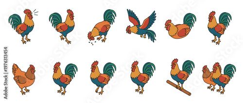 Colorful cartoon roosters and hens in various poses, illustrating different farm animal behaviors and characteristics for design projects.