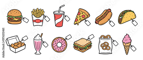 Collection of popular fast food and snack items with blank price tags, perfect for menu design or food delivery concepts.