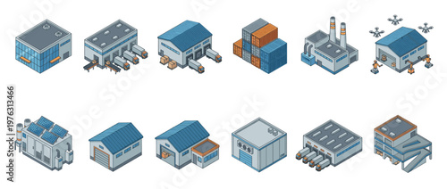 Isometric illustrations of industrial buildings, factories, warehouses, and logistics centers representing modern supply chain and manufacturing operations.