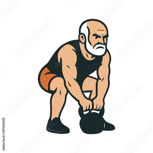 Healthy Older Man Lifting Heavy Kettlebell