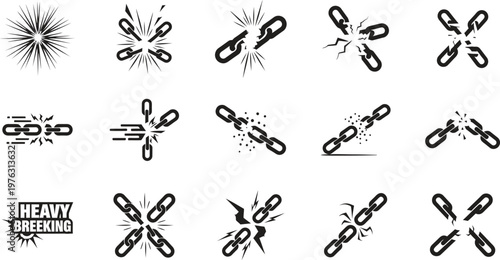 Chain silhouette explosion a dynamic composition of interlocking links and shattered fragments