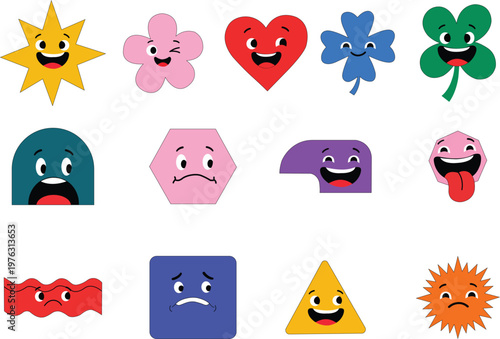 Collection of various colorful faces on shapes objects smiling expressing emotions