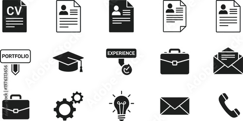 A versatile icon set illustrating core human resources, recruitment, and business processes for professional development in the workplace