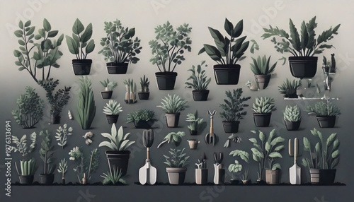 Collection of Pixel Art Potted Plants and Gardening Tools.