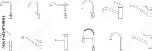 Kitchen Faucet Set, Sink Tap Collection, Plumbing, Blueprint, Floor plan, Editable Stroke, Vector