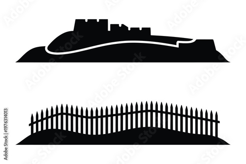Castle silhouette on hill and picket fence illustration with silhouette