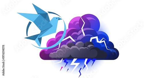 A vector graphic illustration of a blue origami bird flying around a stormy cloud with lightning bolts and a purple and blue gradient.