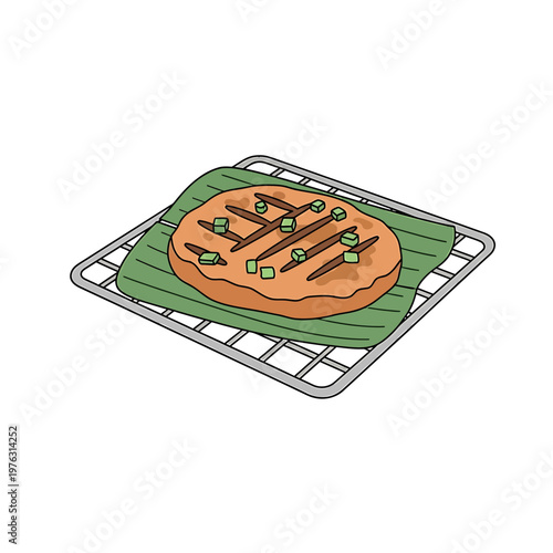 Grilled Traditional Fish Cake on Banana Leaf Illustration