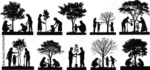 People planting trees silhouette bundle vector set.