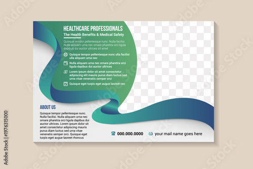 Horizontal banner template for healthcare professionals, ribbon element use green blue gradient colors. icon and text infographic element with photo space. horizontal layout vector illustration.