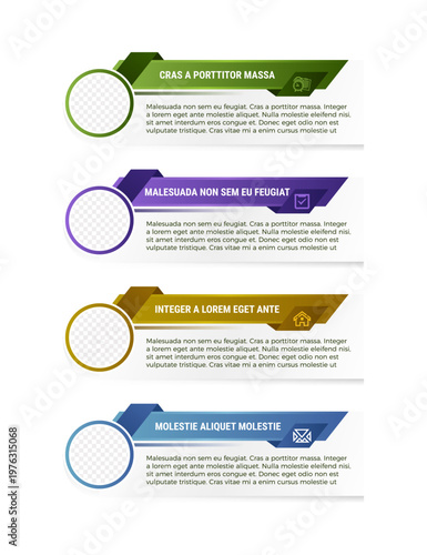 Vector Infographic Company Milestones Timeline Template with big circle photo placeholders and shadow effects. four variation color with icon and sample of text. grey gradient background infographics