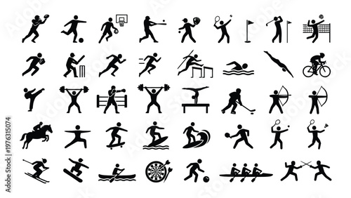 Diverse collection of olympic and common sports icons depicted in black and white