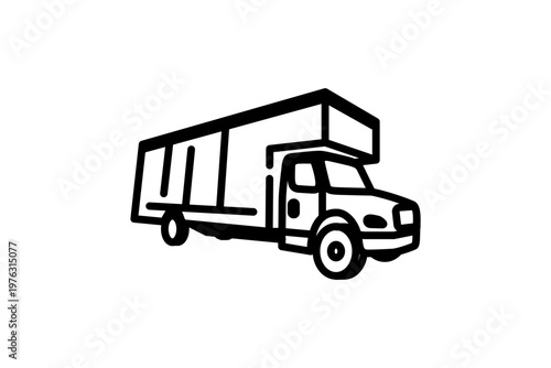 Minimalist icon representing a moving company with a stylized moving company truck design, conveying speed and efficiency in relocation services during daylight. black and white color on line style