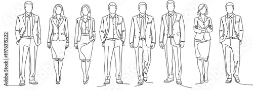 Group of business professionals walking forward representing corporate team confidence leadership unity and modern workplace diversity line art illustration