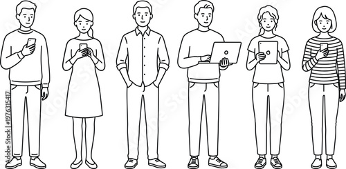 Group of people using smartphones and digital devices representing modern communication technology social media usage and connected lifestyle line art illustration