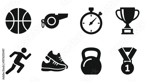 Iconic symbols representing various aspects of sports and athletics