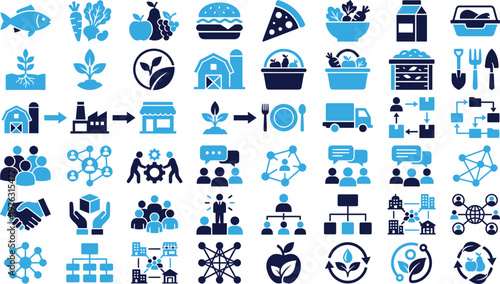 Collection of flat design icons representing food agriculture business and people.