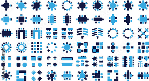 Top view table arrangements and seating configurations for meeting rooms.