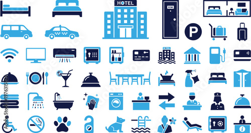Modern hotel icons set for travel and accommodation services.