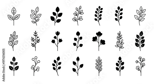 Collection of various leaf and plant silhouettes.