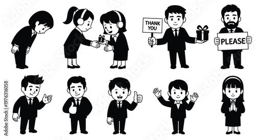Diverse group of cartoon people demonstrating gratitude requests and positive gestures