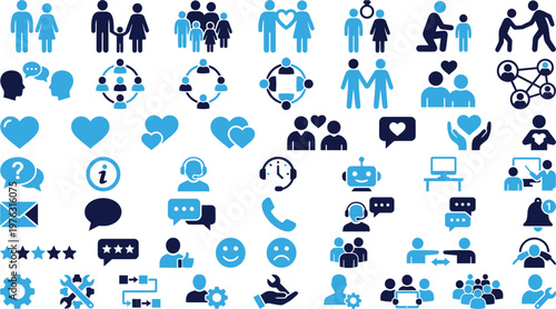 Family and community icons set for people, relationships, and support services.