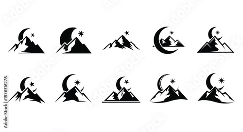 Black and white collection of mountain and crescent moon graphic designs