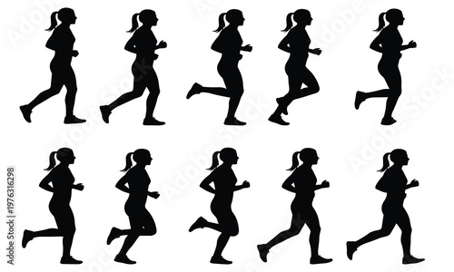 Minimalist black silhouettes showing dynamic running stride cycle, athletic motion sequence illustration for sports, fitness, and biomechanics concepts