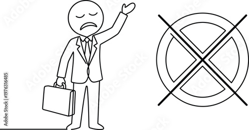 Unhappy businessman gesturing rejection beside prohibited symbol representing denial refusal disapproval and negative response concept in simple line art illustration