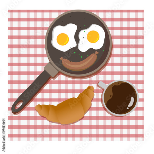 Top view breakfast composition with fried eggs in a pan coffee and croissant on checkered napkin