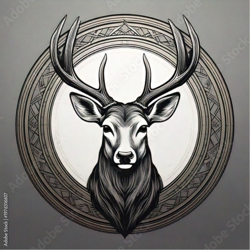 Majestic Stag Head Emblem with Intricate Antlers and Circular Design.
