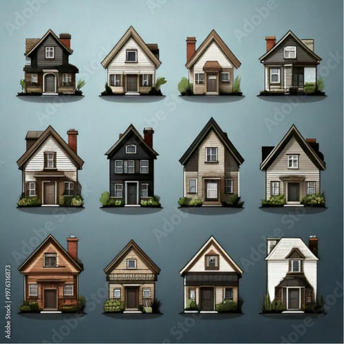 Collection of pixel art houses in various architectural styles.