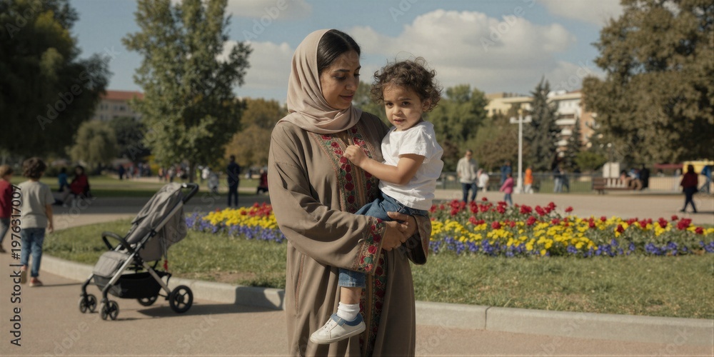 Obraz premium A woman in traditional Middle Eastern attire gently holds her baby close to her body in a serene park setting.