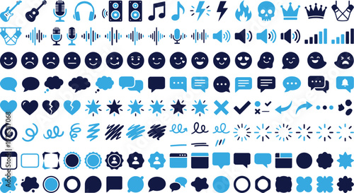 Assortment of blue and dark blue icons music, sound, faces, hearts and speech bubbles.