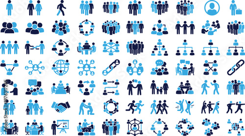 Assortment of blue and dark blue business and teamwork icons people networking.