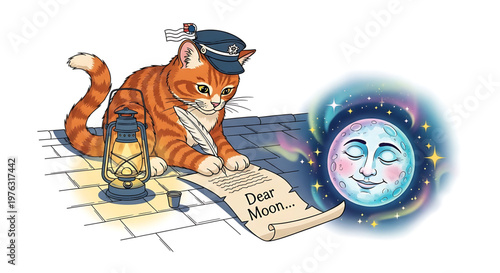 A whimsical illustration of a cat in a postal uniform writing a letter to the moon with a lantern nearby