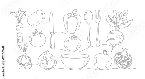 Outline drawing of fresh vegetables and fruits, healthy food collection