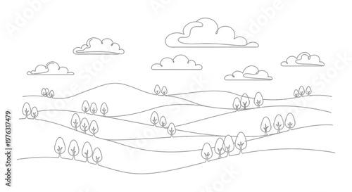 Line drawing of rolling hills and clouds, simple landscape illustration