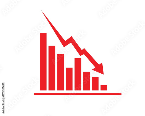 Red falling bar chart and downward arrow icon for financial loss and economic crisis