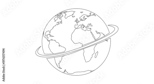 Global communication network concept with earth planet and orbiting ring line art