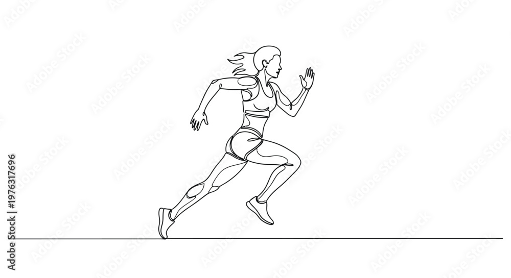 Fototapeta premium Single line drawing of athletic woman running fast, wind in hair, line art