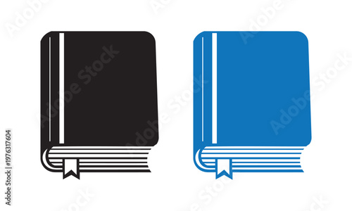 Open book and notebook icon set in solid glyph style with bookmark in black and blue