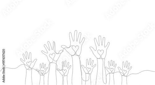 Many hands raised in unity line drawing with graphic is perfect for community and teamwork