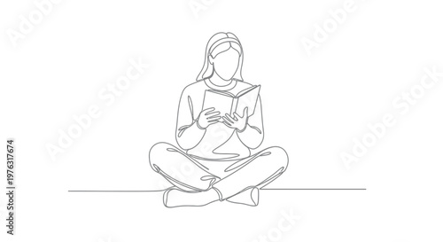 Single line drawing of woman sitting cross legged reading a book with the clean, continuous