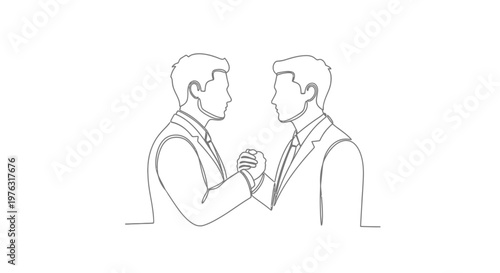 Single line drawing of two businessmen shaking hands in suits with line art
