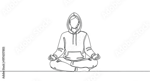Person meditating in a lotus pose wearing a hoodie, line art, the artwork captures a sense