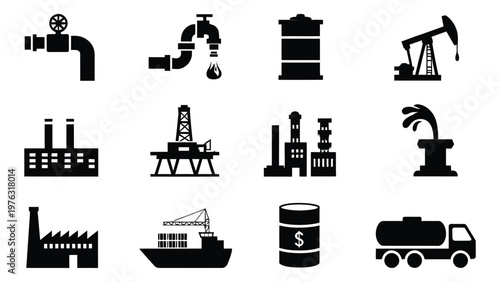 Icons representing various stages and elements of the oil and gas industry