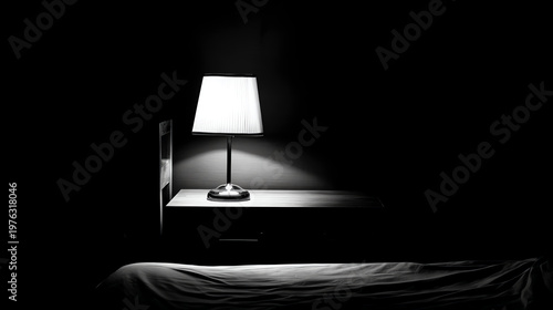 A serene and minimalist bedroom scene featuring a bedside lamp illuminating a dark space, creating a calming atmosphere.